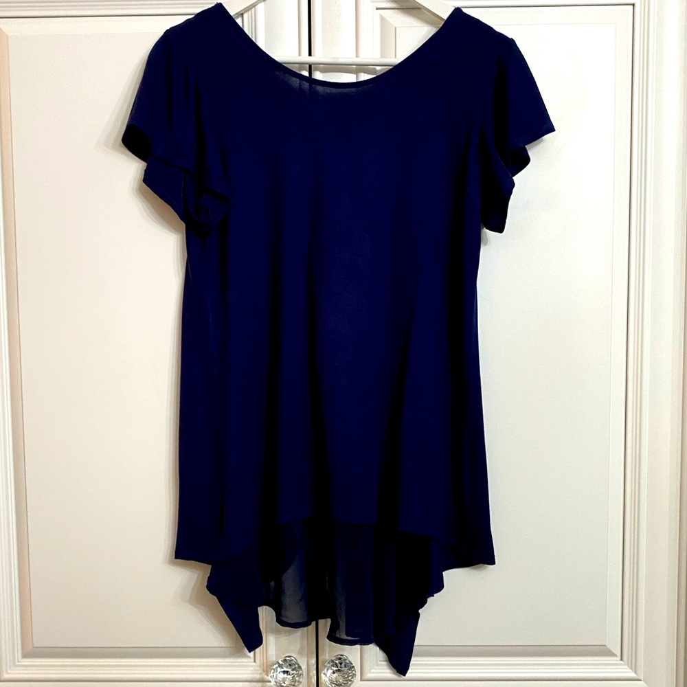 Pebble & Stone Women’s Size Small Navy Short Sleeve Top with Sheer Back